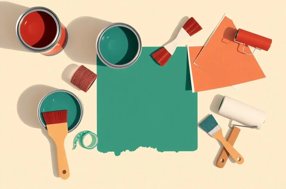 Pots de peinture, nuancier, brosses et rouleaux disposés à plat