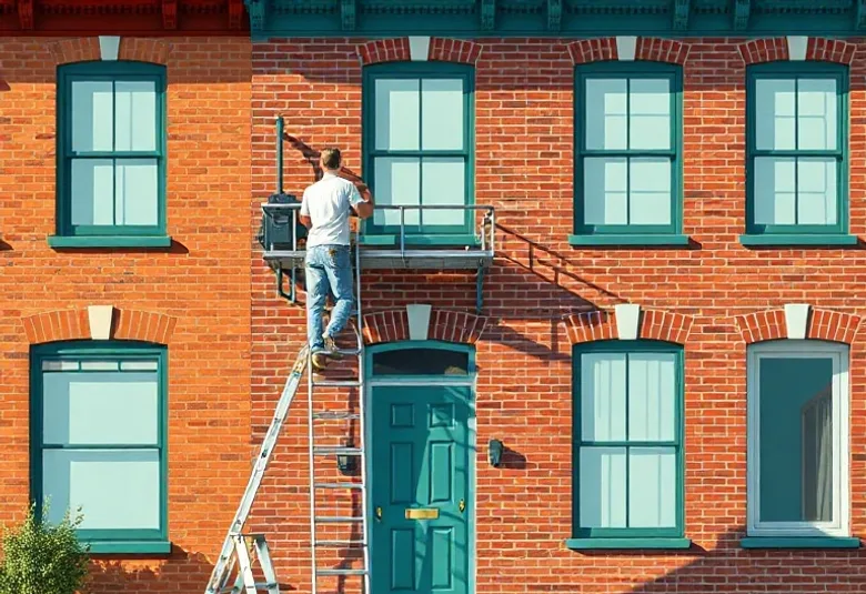 Peintre sur échafaudage traitant la façade d'une maison