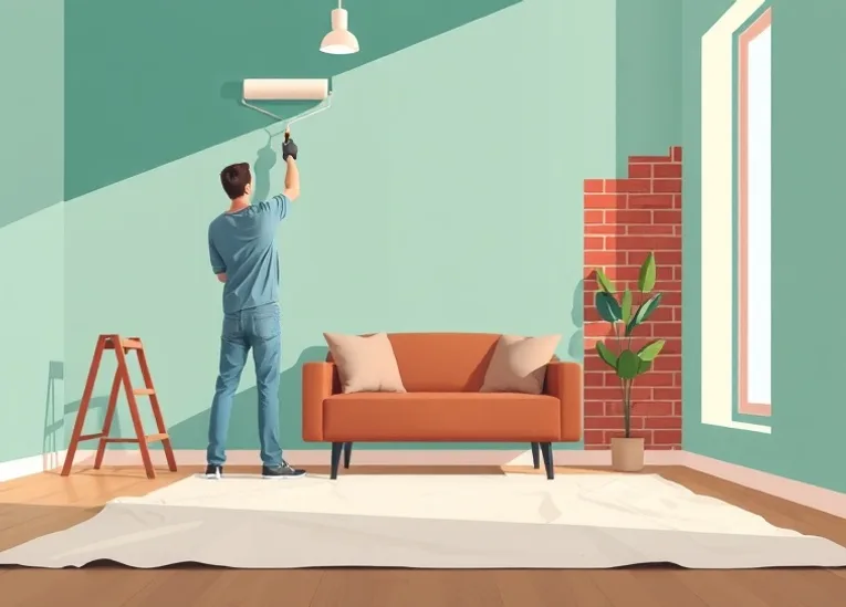 Peintre appliquant la peinture au rouleau sur un mur de salon